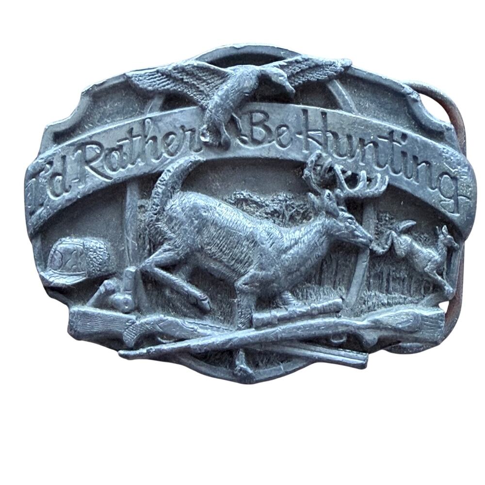 vintage siskiyou Id rather be hunting pewter silver belt buckle deer ducks usa